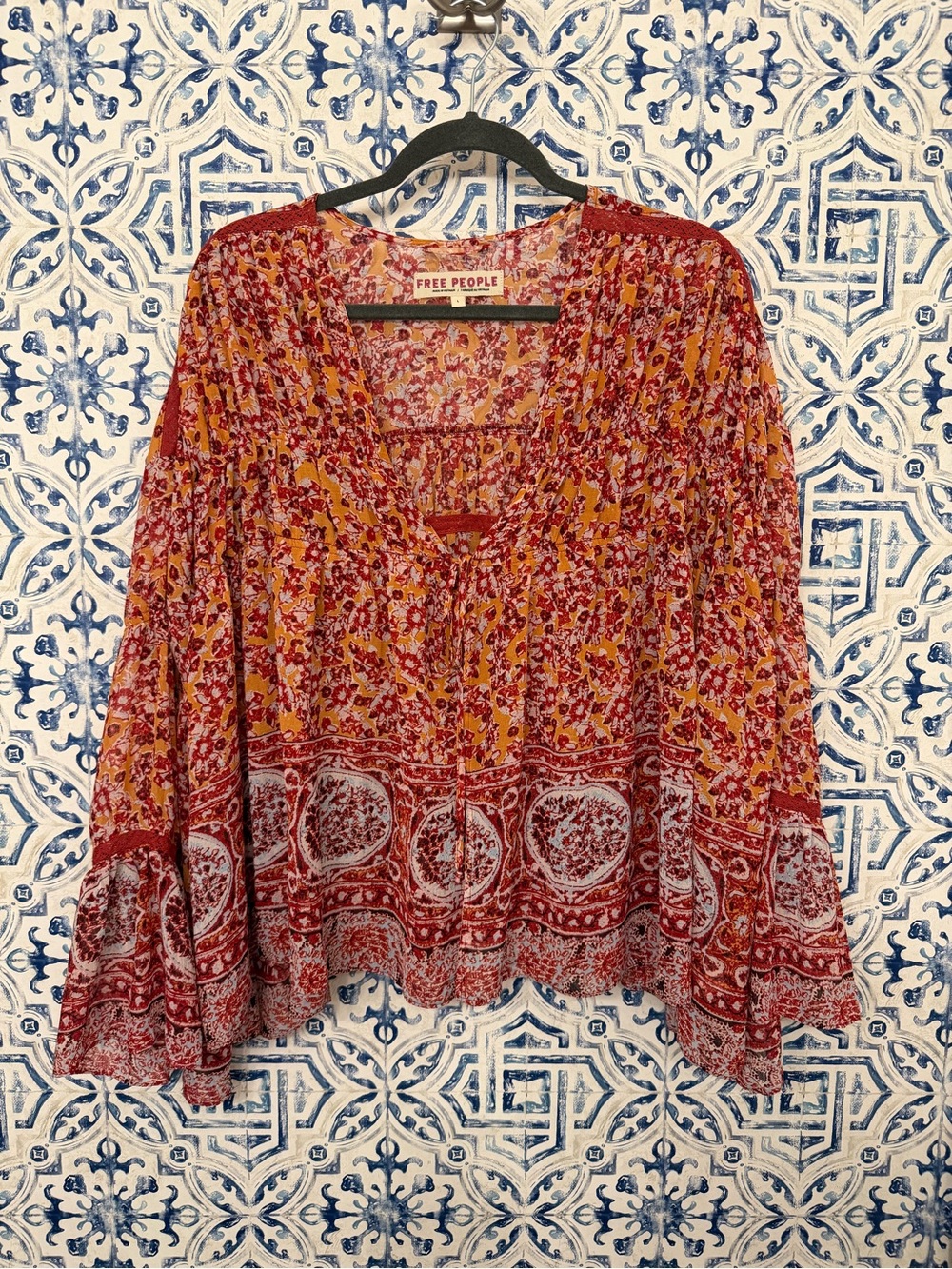 Free People Rust Floral Boho Peasant Top